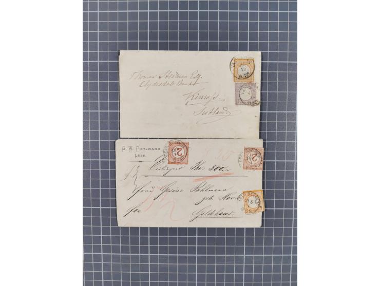 1872, 5 frankierte Briefe (u.a. Mi. 1 im Viererblock und Viererstreifen sowie Drucksache nach Schottland), ungebrauchter Eckr