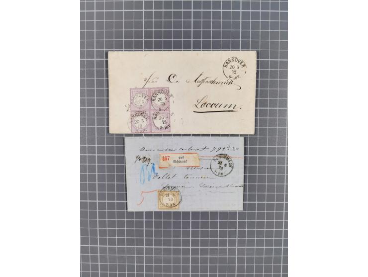 1872, 5 frankierte Briefe (u.a. Mi. 1 im Viererblock und Viererstreifen sowie Drucksache nach Schottland), ungebrauchter Eckr