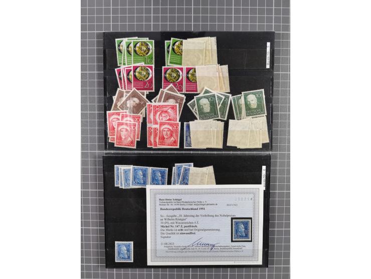 1949/1954, postfrische engros-Partie MiNr. 111/196 ohne 123/138 per zehnmal postfrisch, etliches ist signiert Schlegel BPP wi
