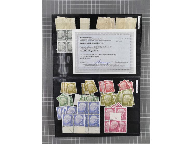 1949/1954, postfrische engros-Partie MiNr. 111/196 ohne 123/138 per zehnmal postfrisch, etliches ist signiert Schlegel BPP wi