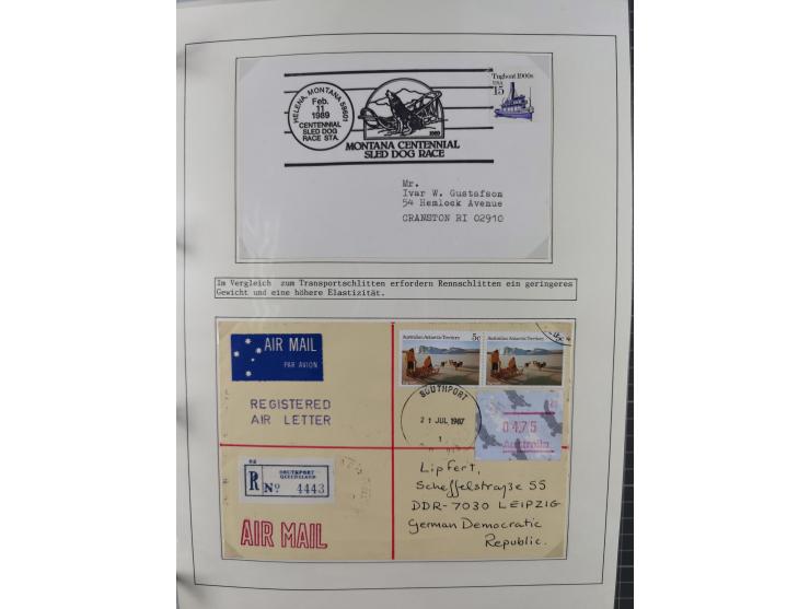 HUNDE: 1894/1992 (ca.), interessante Ausstellungssammlung “Schlittenhunde im Einsatz”, mit vielen Marken, FDCs, Schmuckbriefe