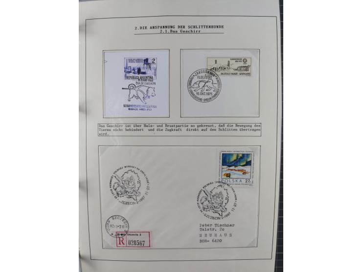 HUNDE: 1894/1992 (ca.), interessante Ausstellungssammlung “Schlittenhunde im Einsatz”, mit vielen Marken, FDCs, Schmuckbriefe
