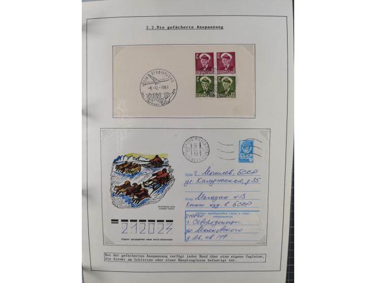 HUNDE: 1894/1992 (ca.), interessante Ausstellungssammlung “Schlittenhunde im Einsatz”, mit vielen Marken, FDCs, Schmuckbriefe