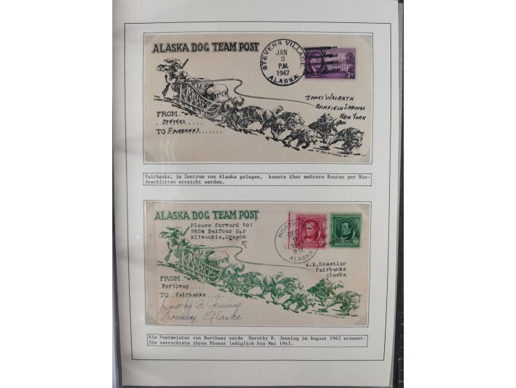 HUNDE: 1894/1992 (ca.), interessante Ausstellungssammlung “Schlittenhunde im Einsatz”, mit vielen Marken, FDCs, Schmuckbriefe