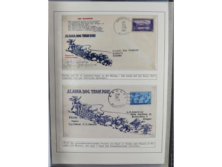 HUNDE: 1894/1992 (ca.), interessante Ausstellungssammlung “Schlittenhunde im Einsatz”, mit vielen Marken, FDCs, Schmuckbriefe