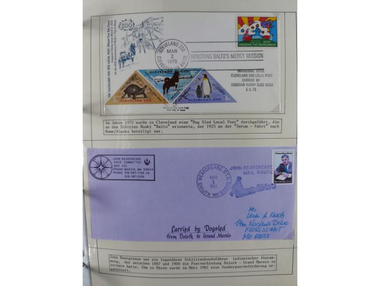 HUNDE: 1894/1992 (ca.), interessante Ausstellungssammlung “Schlittenhunde im Einsatz”, mit vielen Marken, FDCs, Schmuckbriefe