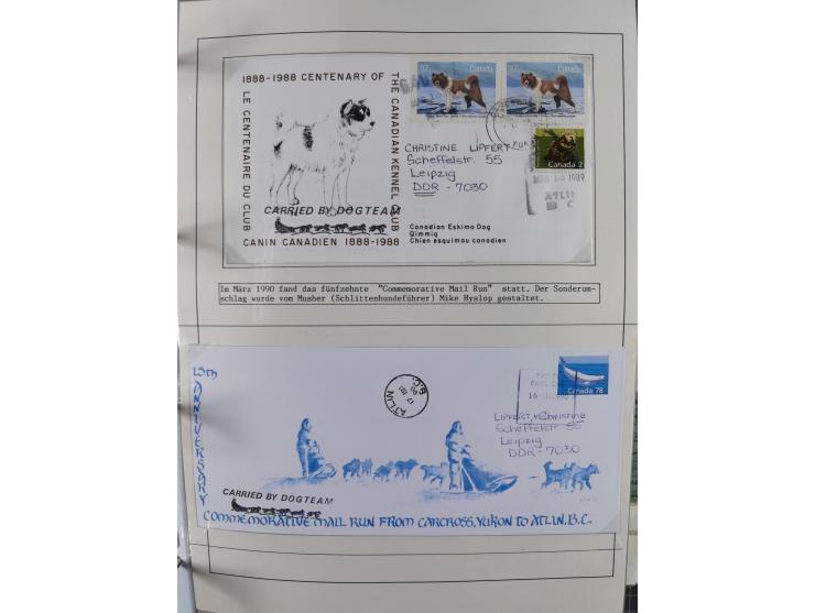 HUNDE: 1894/1992 (ca.), interessante Ausstellungssammlung “Schlittenhunde im Einsatz”, mit vielen Marken, FDCs, Schmuckbriefe