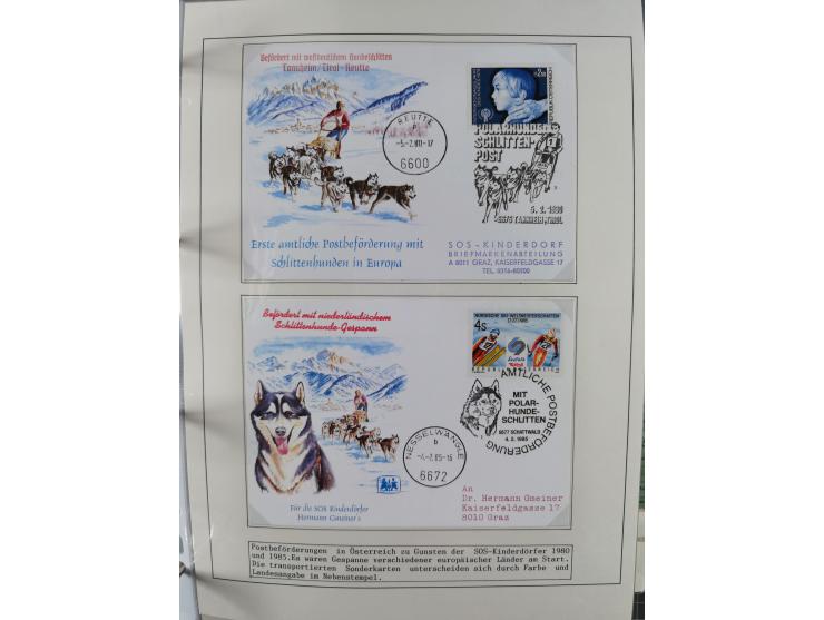 HUNDE: 1894/1992 (ca.), interessante Ausstellungssammlung “Schlittenhunde im Einsatz”, mit vielen Marken, FDCs, Schmuckbriefe