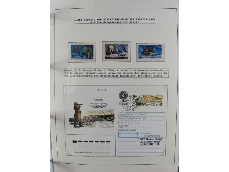 HUNDE: 1894/1992 (ca.), interessante Ausstellungssammlung “Schlittenhunde im Einsatz”, mit vielen Marken, FDCs, Schmuckbriefe