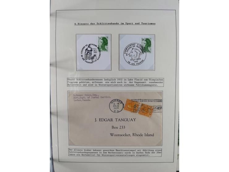 HUNDE: 1894/1992 (ca.), interessante Ausstellungssammlung “Schlittenhunde im Einsatz”, mit vielen Marken, FDCs, Schmuckbriefe