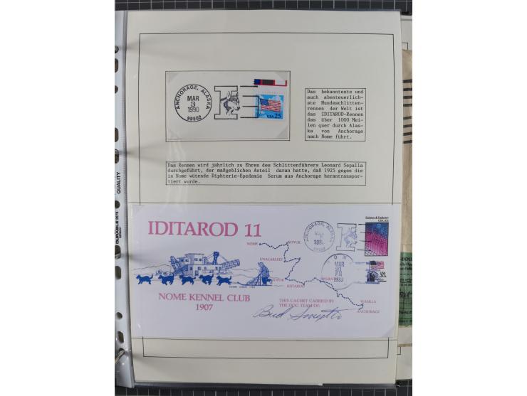 HUNDE: 1894/1992 (ca.), interessante Ausstellungssammlung “Schlittenhunde im Einsatz”, mit vielen Marken, FDCs, Schmuckbriefe