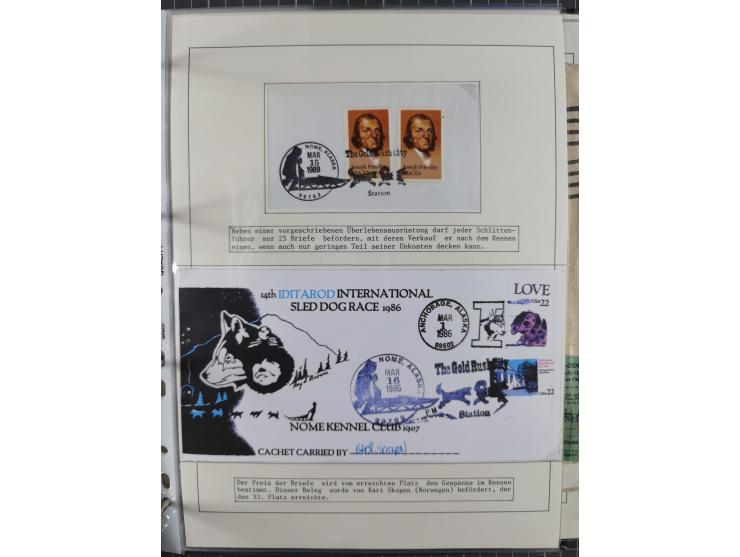 HUNDE: 1894/1992 (ca.), interessante Ausstellungssammlung “Schlittenhunde im Einsatz”, mit vielen Marken, FDCs, Schmuckbriefe