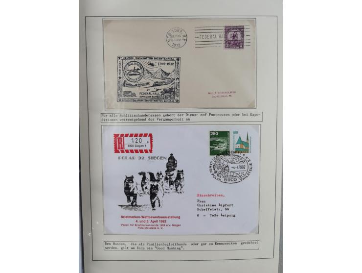 HUNDE: 1894/1992 (ca.), interessante Ausstellungssammlung “Schlittenhunde im Einsatz”, mit vielen Marken, FDCs, Schmuckbriefe