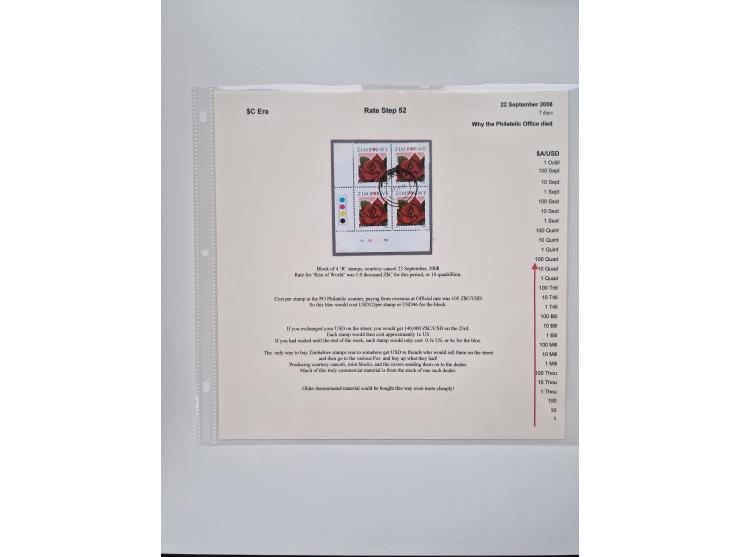 1980/2009, five-frame gold medal-winning exhibit collection “The Death of a Postal System - Zimbabwean Inflation 1980-2009”, 