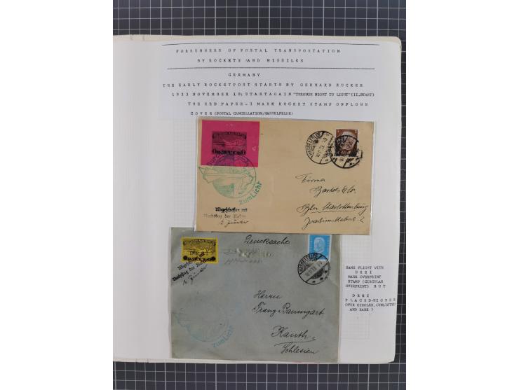 1933/65, umfangreiche Dokumentation und Sammlung “Gerhard Zucker - Raketenpost” mit frühen Briefen und Vignetten ab dem 1. Na