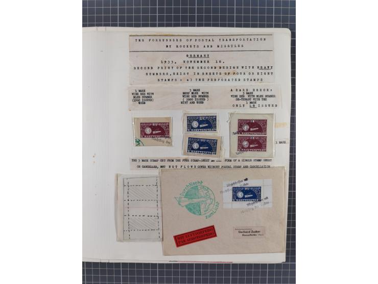 1933/65, umfangreiche Dokumentation und Sammlung “Gerhard Zucker - Raketenpost” mit frühen Briefen und Vignetten ab dem 1. Na