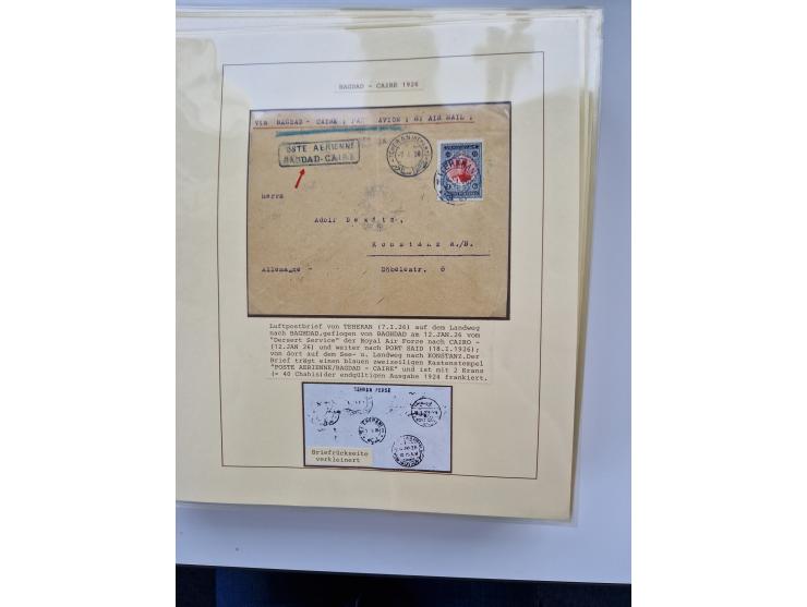 1927/34, Ausstellungs-Sammlung “Persien - Die Luftpostausgaben 1927-1934” mit ca. 75 Belegen, dabei Erstflüge, Junker-Versuch