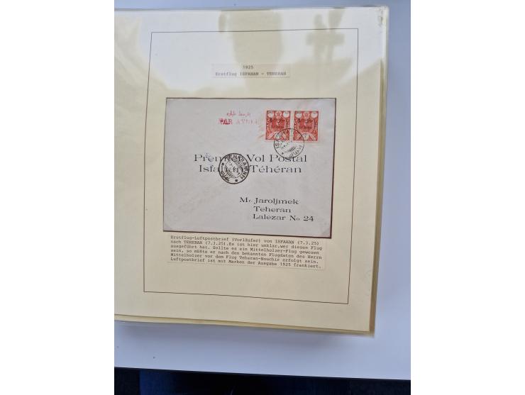 1927/34, Ausstellungs-Sammlung “Persien - Die Luftpostausgaben 1927-1934” mit ca. 75 Belegen, dabei Erstflüge, Junker-Versuch
