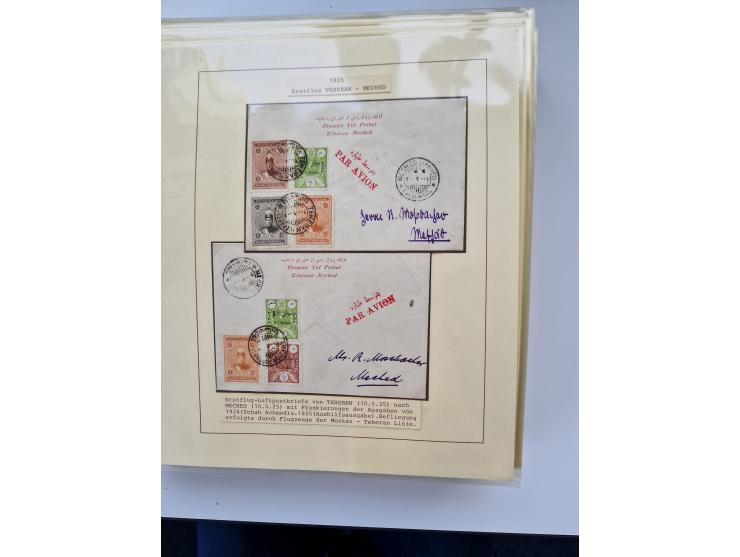 1927/34, Ausstellungs-Sammlung “Persien - Die Luftpostausgaben 1927-1934” mit ca. 75 Belegen, dabei Erstflüge, Junker-Versuch
