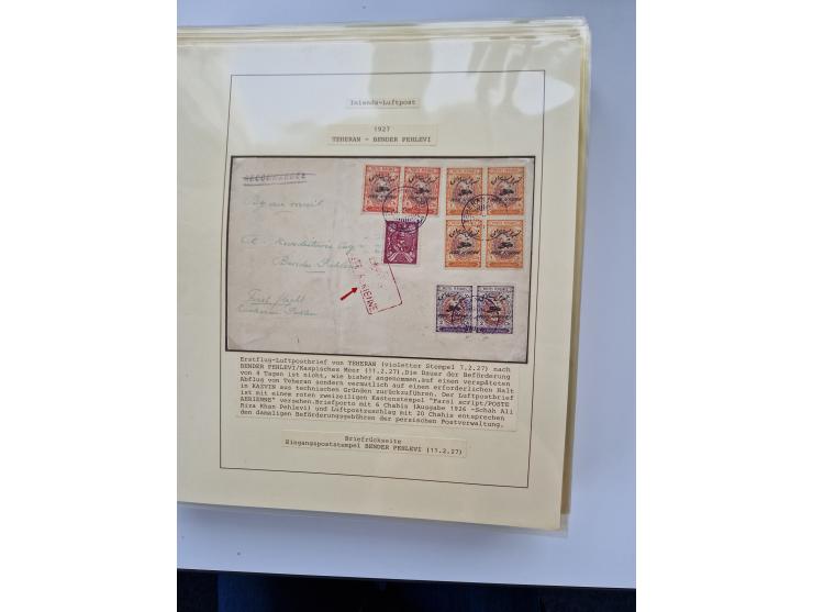 1927/34, Ausstellungs-Sammlung “Persien - Die Luftpostausgaben 1927-1934” mit ca. 75 Belegen, dabei Erstflüge, Junker-Versuch