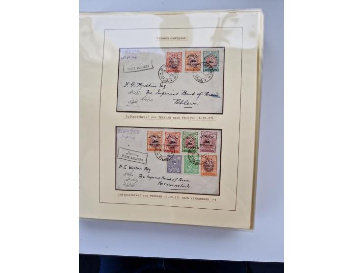 1927/34, Ausstellungs-Sammlung “Persien - Die Luftpostausgaben 1927-1934” mit ca. 75 Belegen, dabei Erstflüge, Junker-Versuch