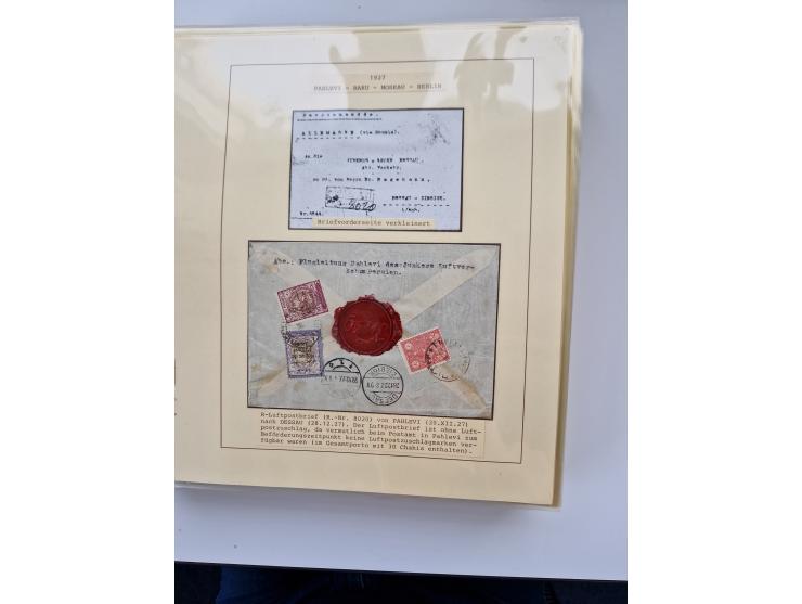 1927/34, Ausstellungs-Sammlung “Persien - Die Luftpostausgaben 1927-1934” mit ca. 75 Belegen, dabei Erstflüge, Junker-Versuch