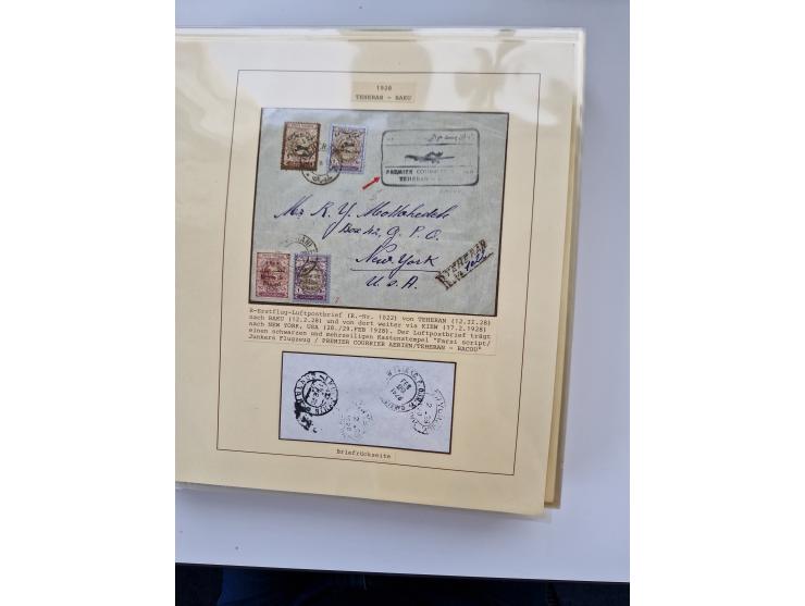1927/34, Ausstellungs-Sammlung “Persien - Die Luftpostausgaben 1927-1934” mit ca. 75 Belegen, dabei Erstflüge, Junker-Versuch