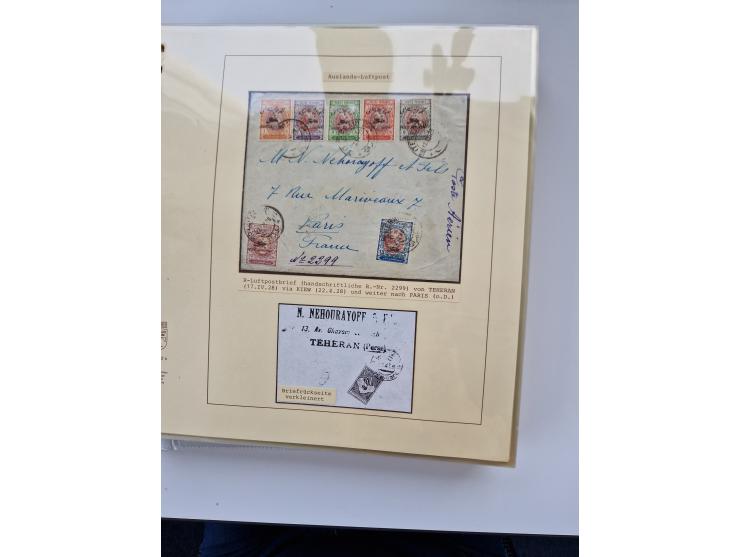 1927/34, Ausstellungs-Sammlung “Persien - Die Luftpostausgaben 1927-1934” mit ca. 75 Belegen, dabei Erstflüge, Junker-Versuch