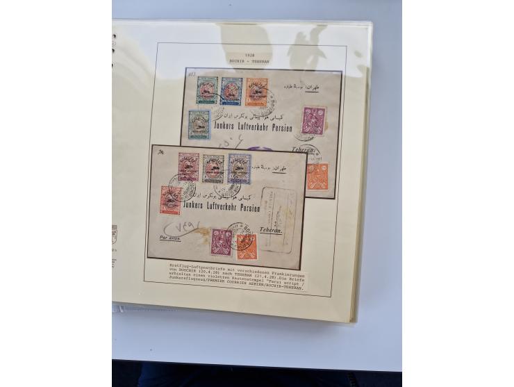 1927/34, Ausstellungs-Sammlung “Persien - Die Luftpostausgaben 1927-1934” mit ca. 75 Belegen, dabei Erstflüge, Junker-Versuch