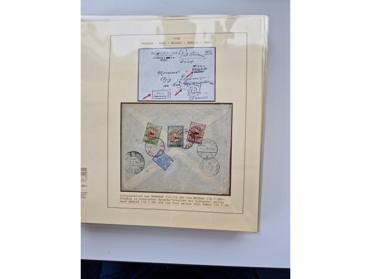 1927/34, Ausstellungs-Sammlung “Persien - Die Luftpostausgaben 1927-1934” mit ca. 75 Belegen, dabei Erstflüge, Junker-Versuch