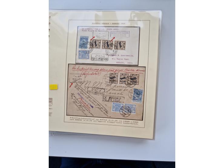 1927/34, Ausstellungs-Sammlung “Persien - Die Luftpostausgaben 1927-1934” mit ca. 75 Belegen, dabei Erstflüge, Junker-Versuch