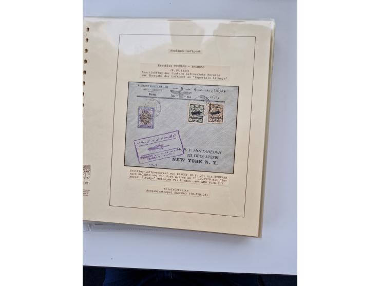 1927/34, Ausstellungs-Sammlung “Persien - Die Luftpostausgaben 1927-1934” mit ca. 75 Belegen, dabei Erstflüge, Junker-Versuch