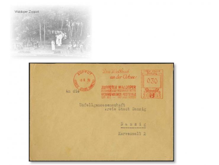 1939, 30 Pfennig Absenderfreistempel Wertrahmen Danziger Wappen “ZOPPOT 8.6.39 -Das Weltbad an der Ostsee ZOPPOTER WALDOPER…R