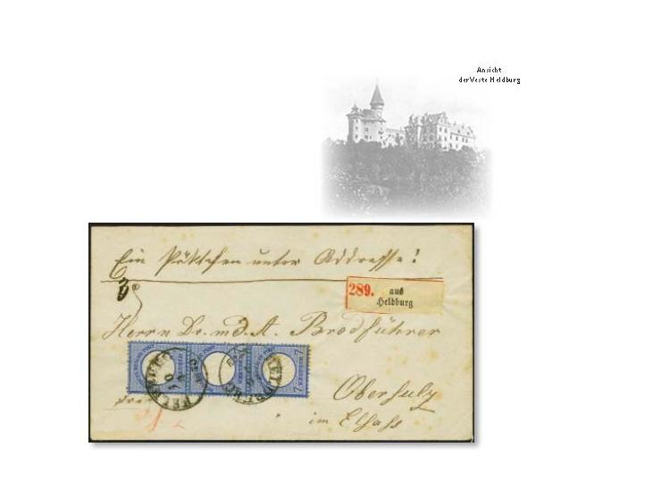 7 Kreuzer ultramrinblau im senkrechten Dreierstreifen mit EKr. "HELDBURG 10.4.1873" auf Paketbegleit-Briefkuvert für ein 3 Pf