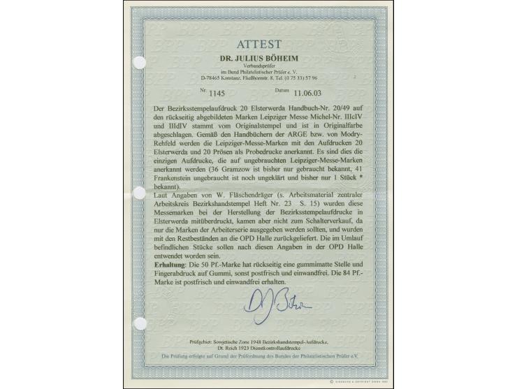 1948, “20/Elsterwerda” auf Leipziger Messe 50 und 84 Pfennig, postfrisch, 50 Pfennig mit Fingerspur und gummimatter Stelle, a