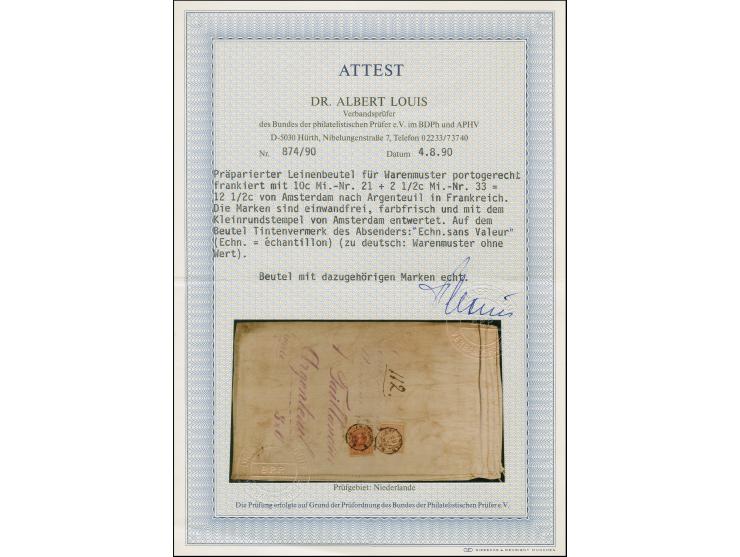 1872/88, William 10 cent red in combination with 1876, numerals 2 ½ cents violet, tied by c.d.s. "AMSTERDAM 20 OCT 88" to sam