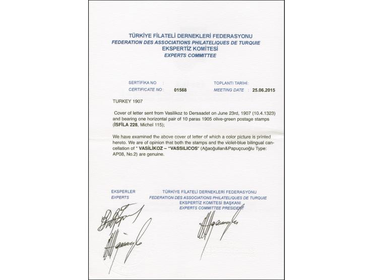 "VASSILICOS 16/4/907" in violet, clear on 1905, 10 pa. in pair on envelope to Constantinople. Also same cds. in black on 1908