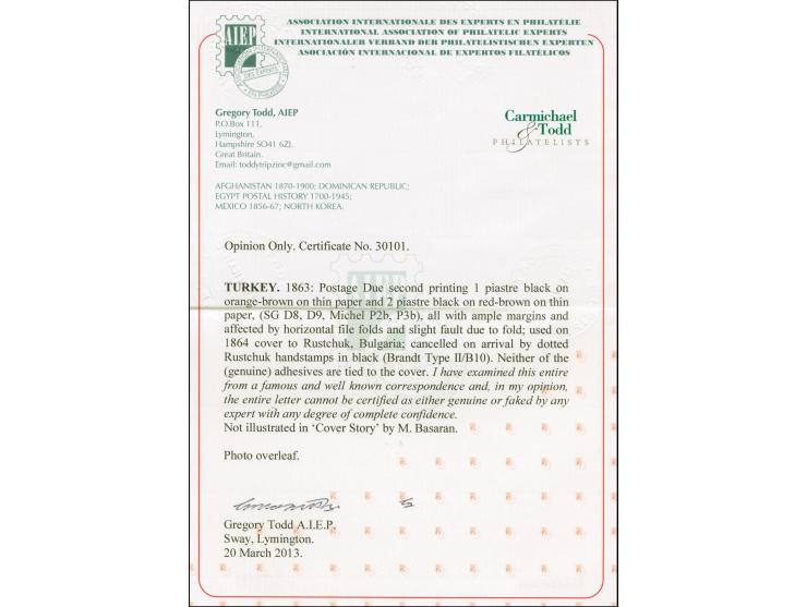 1 pia.and 2 pia, on red brown, ample to wide &nbsp;margins, tied at arrival by fine dotted "RUSTSCHUK" to entire letter, very