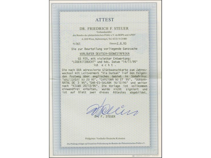 “LÜDERITZBUCHT ***” sehr klar in Violett mit handschriftlichem Datum “14/II.95” auf Ganzachenkarte Krone/Adler 10 Pfennig mit