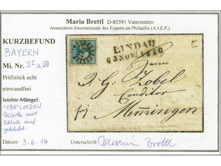 3 Kr. blau, allseits breitrandig, mit allen Zwischenlinien, mit Oblate befestigt, mit zentrischem gMR "188" und nebengesetzte