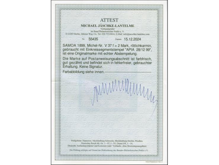 1899, 2 Mark rötlichkarmin, farbfrisch und gut gezähnt mit klarem Stempel “APIA KDPAg ** 28.12.99” auf Postanweisungs-Briefst