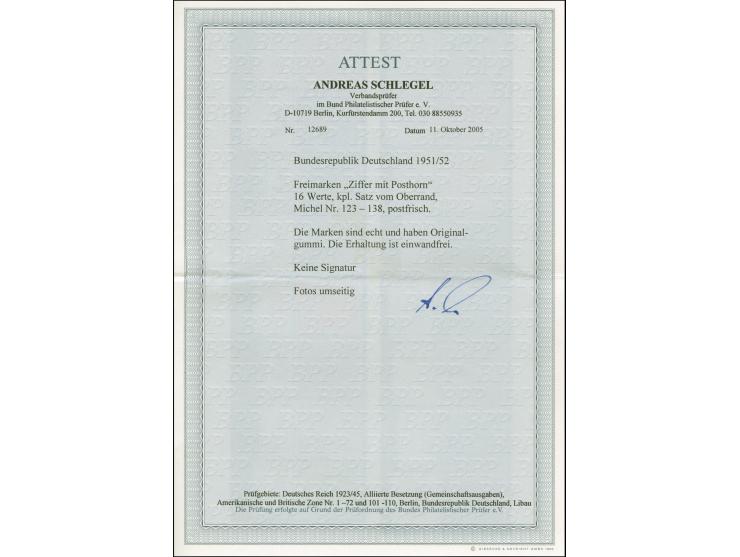 1951, Posthorn 2-90 Pfg., kpl. mit Oberrand, postfrisch und ungefaltet, tadellos, unsigniert mit Fotoattest A. Schlegel BPP (