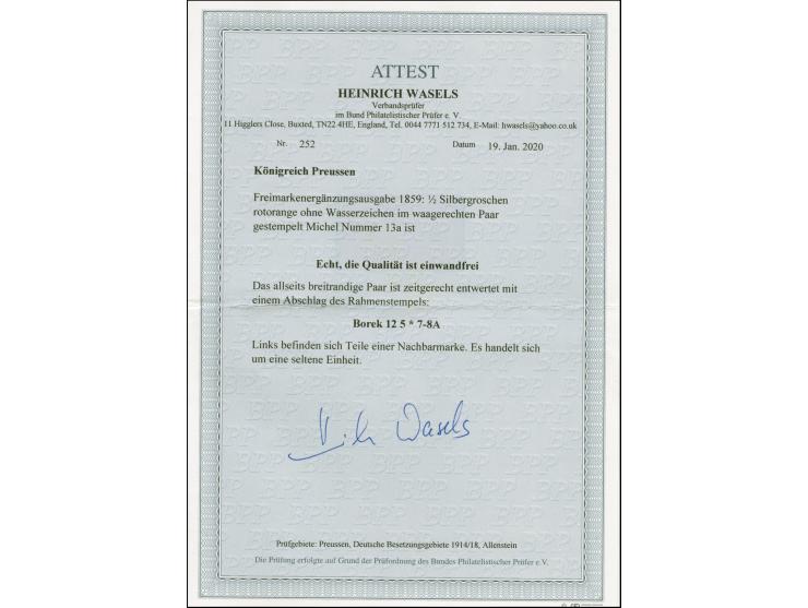 ½ Sgr. rotorange im waagerechten Paar, rechts oben voll- sonst breit- bis überrandig, links mit Teil der Nachbarmarke, schöne