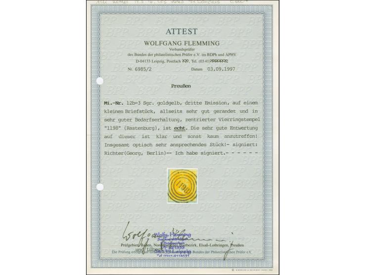 3 Sgr. gelb, farbfrisch und allseits breitrandig, mit zentrisch klar aufgesetzter Nr. "1198" RASTENBURG. Tadellos. Das schöns
