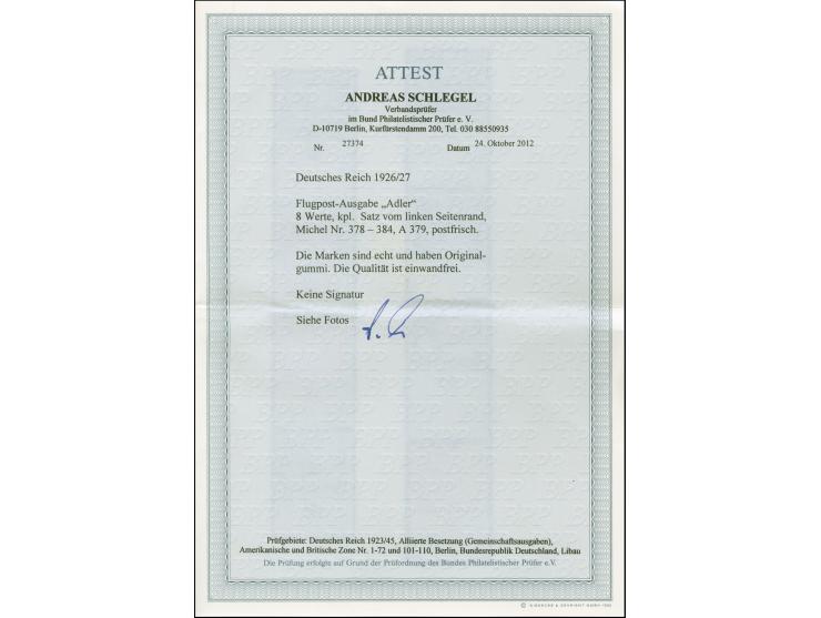 1926, Steinadler 5 Pfg.-3 M., kpl., einheitlich mit linkem Seitenrand, postfrisch und tadellos, unsigniert mit Fotoattest A. 