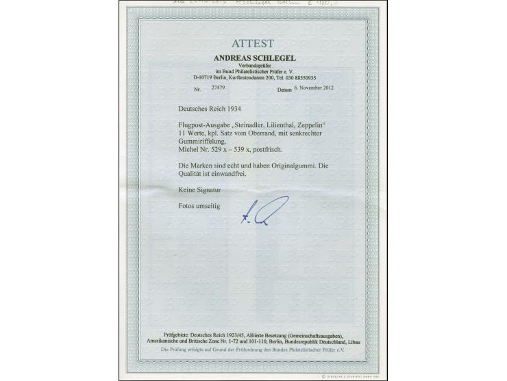 1934, Flugpost 5 Pfg.-3 M. kpl. mit senkrechter Gummiriffelung, einheitlich mit Oberrand, jeder Wert von Bogenfeld vier, post