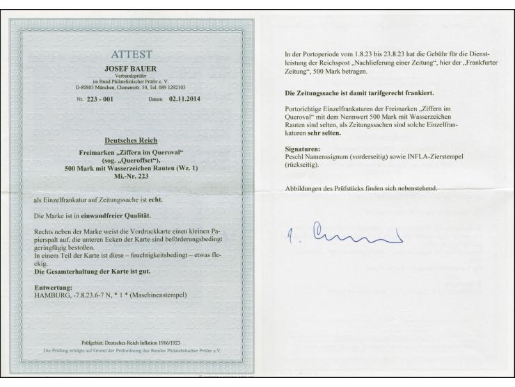 1922, Ziffer 500 M. mit Maschinenstempel "HAMBURG 7.8.23" als portogerechte Einzelfrankatur auf Zeitungssache nach Frankfurt,