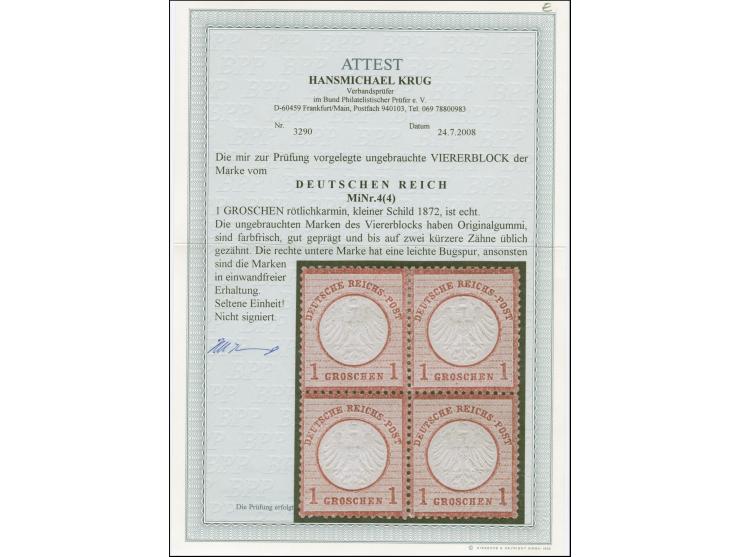 1 Groschen rötlichkarmin im ungebrauchten Viererblock, die Marken sind farbfrisch und gut geprägt und bis auf zwei kürzere Zä