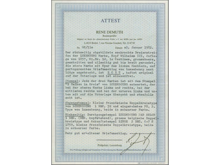 1852, William 10 c. grey-black, vertical strip of 3 with ample to mostly large margins, tied by circle of bars with adjacent 