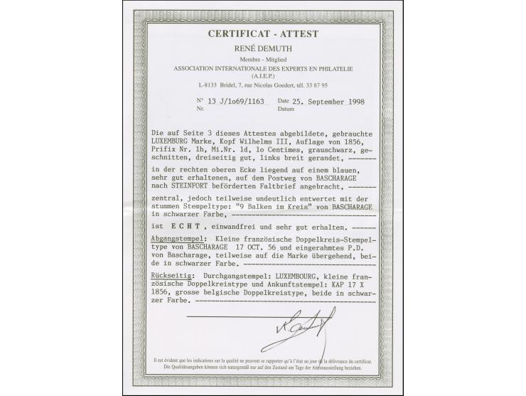 1852, William 10 c. grey-black with good to large margins, tied by circle of bars and boxed "PD", with adjacent "BASCHARAGE 1